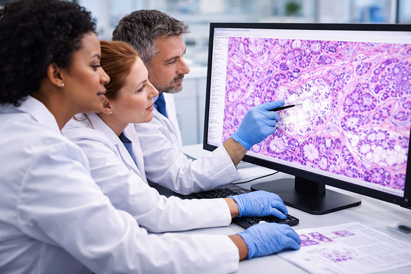 pathology team reviewing a slide on a computer screen