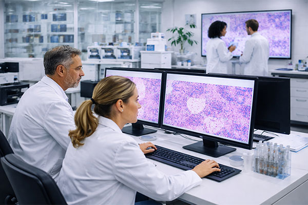 staff working in medical office working with pathology slides on computers and large screens