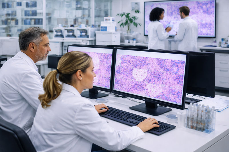 staff working in medical office working with pathology slides on computers and large screens
