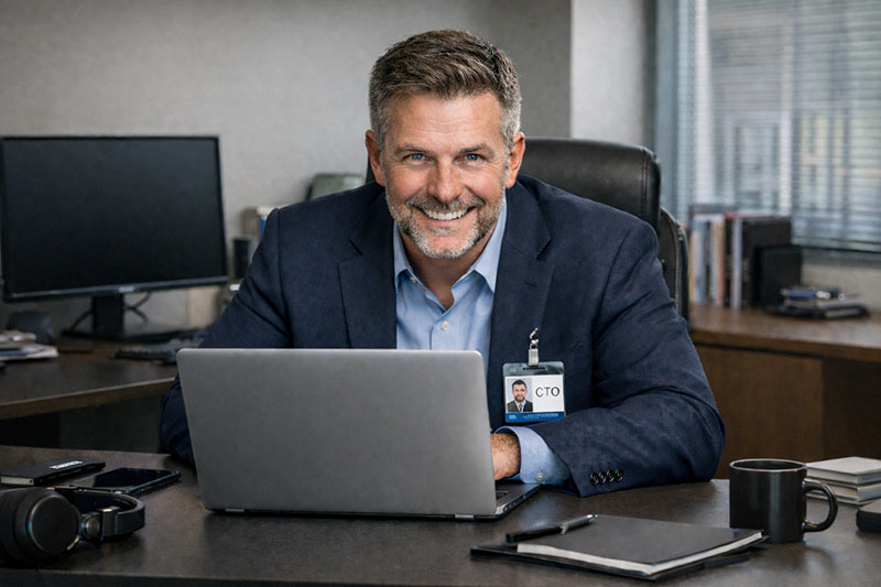 man sitting at his desk working on his laptop and smiling